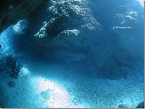 ダイビングポイント『中ノ島チャネル』に差し込む光を見上げるダイバー